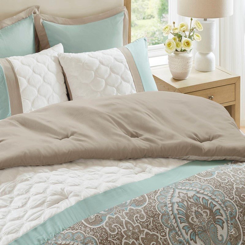 Embroidered Medallion Comforter Set -  Seafoam Medallion Bedding Set - 8PC