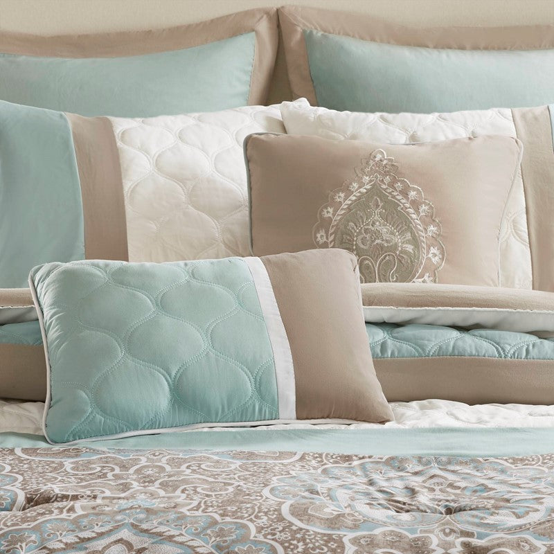 Embroidered Medallion Comforter Set -  Seafoam Medallion Bedding Set - 8PC
