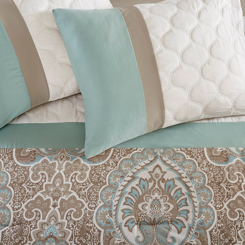 Embroidered Medallion Comforter Set -  Seafoam Medallion Bedding Set - 8PC