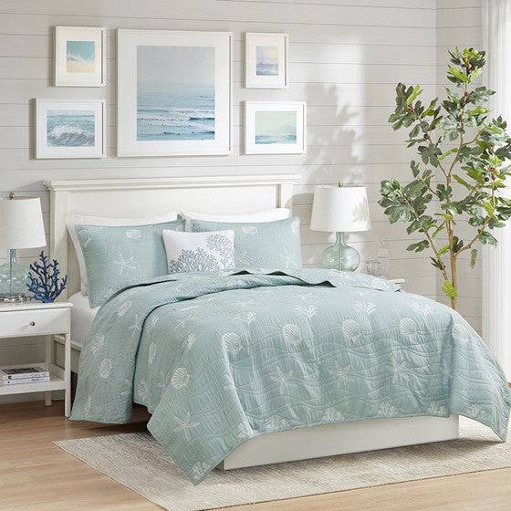 Seaside Coastal 100 Cotton Aqua 4pc Quilt Set With Beautiful Sea Tiffany Blue Hues