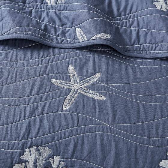 Seaside Nautical 100% Cotton Navy 4pc Quilt Set Beautiful Starfish Seashell Motifs