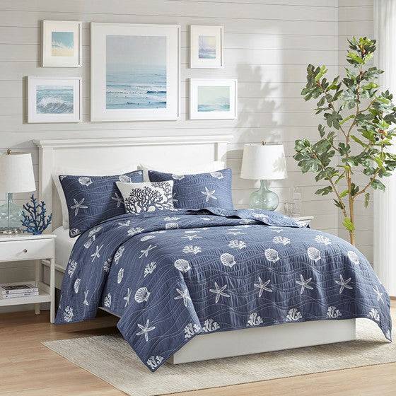 Seaside Nautical 100% Cotton Navy 4pc Quilt Set Beautiful Starfish Seashell Motifs