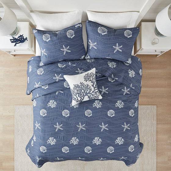 Seaside Nautical 100% Cotton Navy 4pc Quilt Set Beautiful Starfish Seashell Motifs