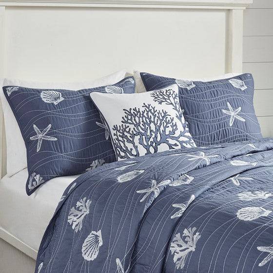 Seaside Nautical 100% Cotton Navy 4pc Quilt Set Beautiful Starfish Seashell Motifs