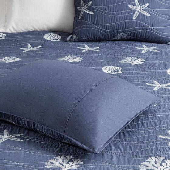 Seaside Nautical 100% Cotton Navy 4pc Quilt Set Beautiful Starfish Seashell Motifs