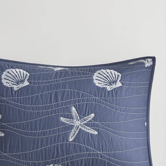 Seaside Nautical 100% Cotton Navy 4pc Quilt Set Beautiful Starfish Seashell Motifs