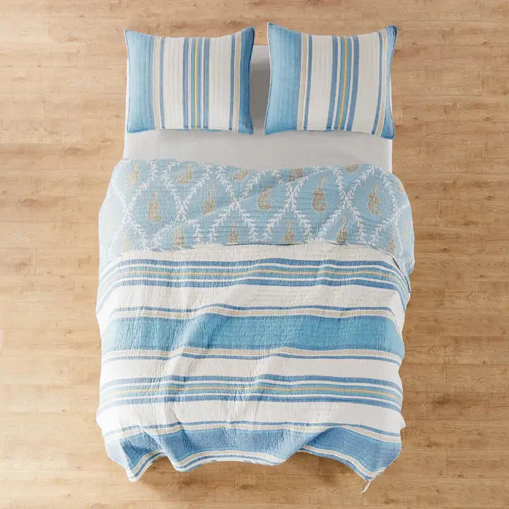 Universal V Berth 100% Cotton Blue Maui 3PC Quilt Set Yacht Bedding