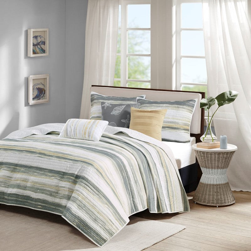 Queen Beach Quilt Set -  Marina Yellow And Grey Hues 6PC - Beach Themed Bedding Set