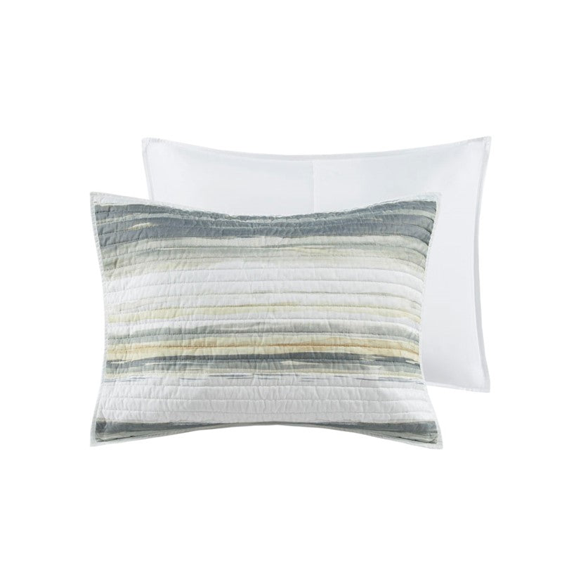 Queen Beach Quilt Set -  Marina Yellow And Grey Hues 6PC - Beach Themed Bedding Set