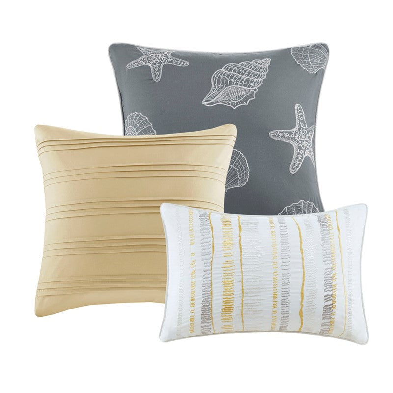 Queen Beach Quilt Set -  Marina Yellow And Grey Hues 6PC - Beach Themed Bedding Set
