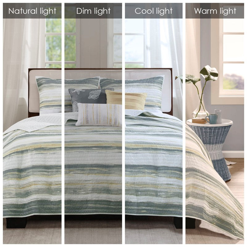 Queen Beach Quilt Set -  Marina Yellow And Grey Hues 6PC - Beach Themed Bedding Set