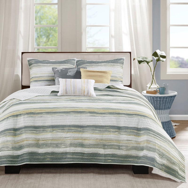 Queen Beach Quilt Set -  Marina Yellow And Grey Hues 6PC - Beach Themed Bedding Set