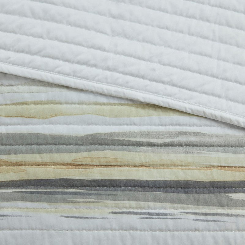 Queen Beach Quilt Set -  Marina Yellow And Grey Hues 6PC - Beach Themed Bedding Set