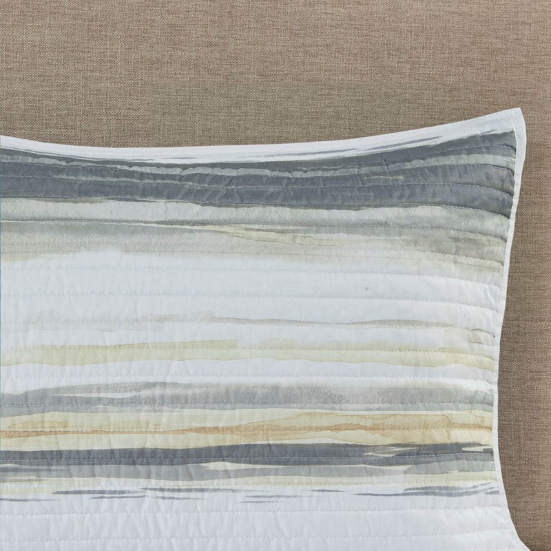 Queen Beach Quilt Set -  Marina Yellow And Grey Hues 6PC - Beach Themed Bedding Set