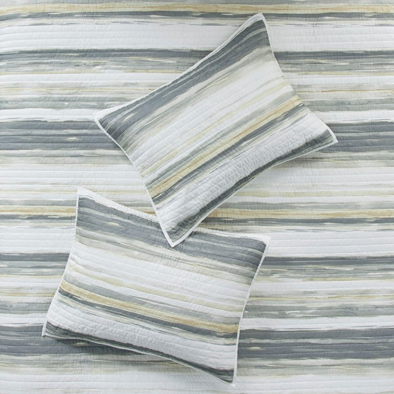Queen Beach Quilt Set -  Marina Yellow And Grey Hues 6PC - Beach Themed Bedding Set
