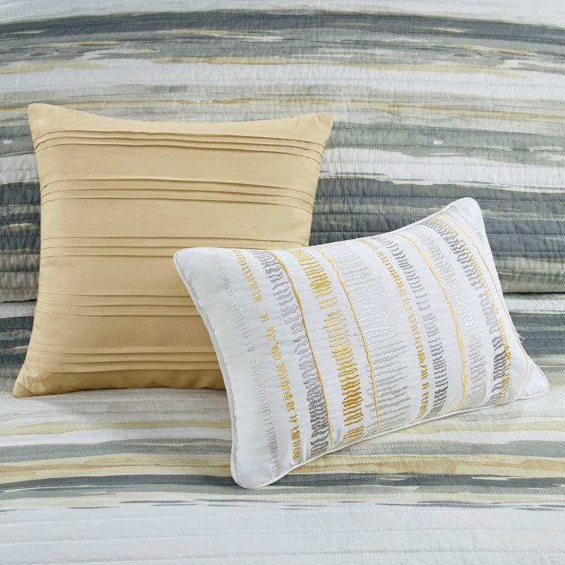 Queen Beach Quilt Set -  Marina Yellow And Grey Hues 6PC - Beach Themed Bedding Set