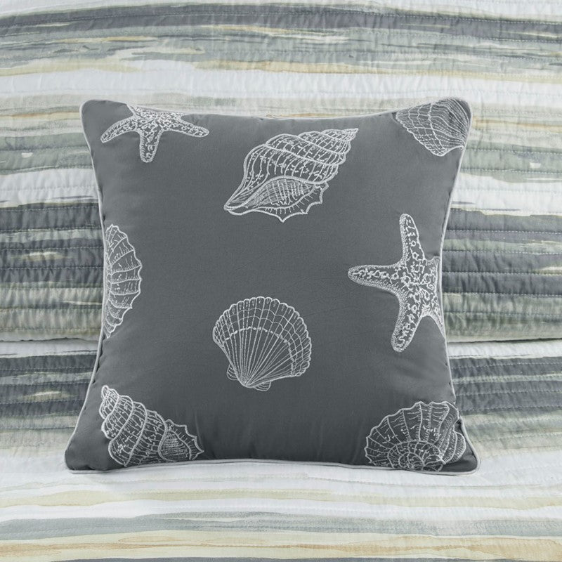 Queen Beach Quilt Set -  Marina Yellow And Grey Hues 6PC - Beach Themed Bedding Set